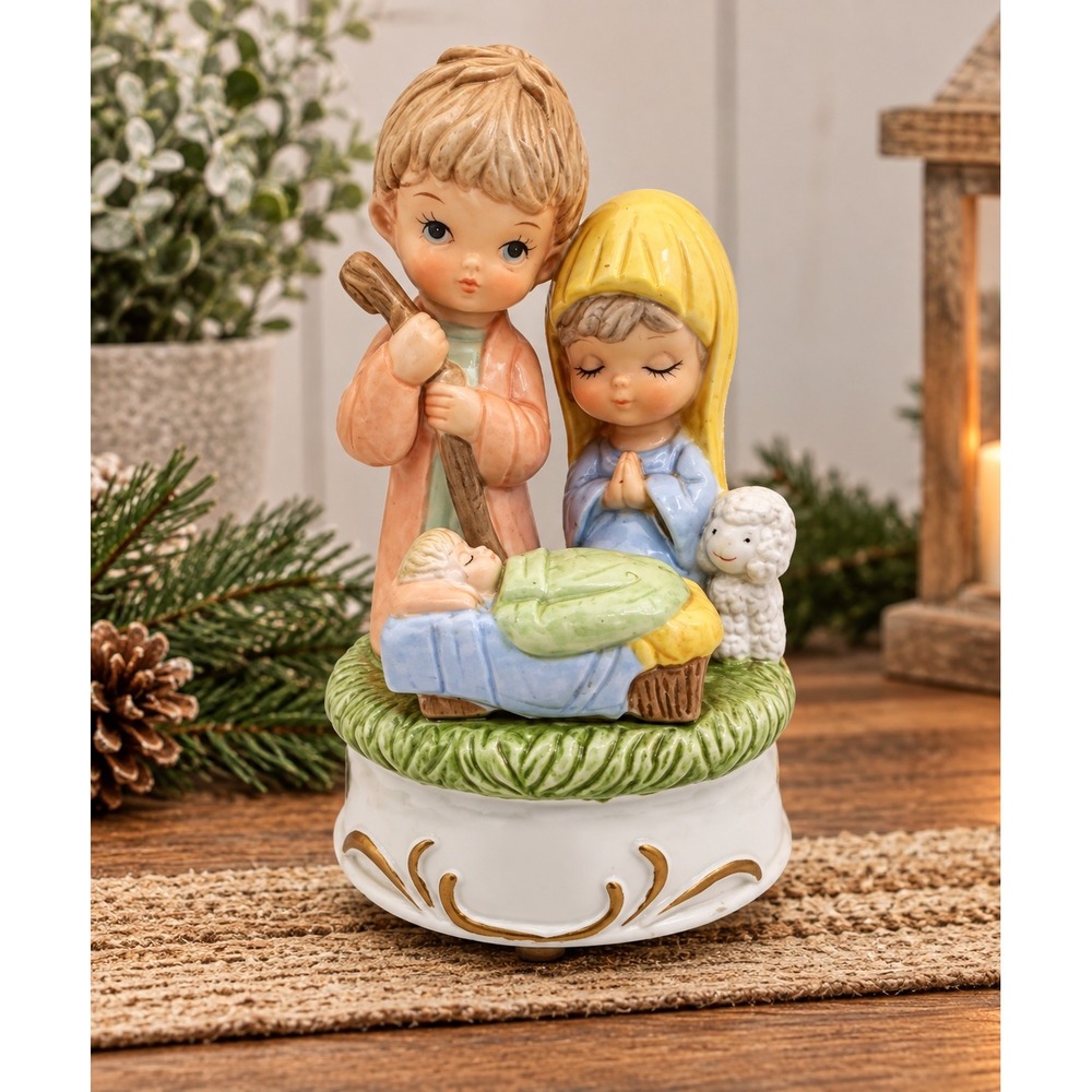 Vintage Nativity Music Box Away In A Manger Christmas Religious Ceramic Holy